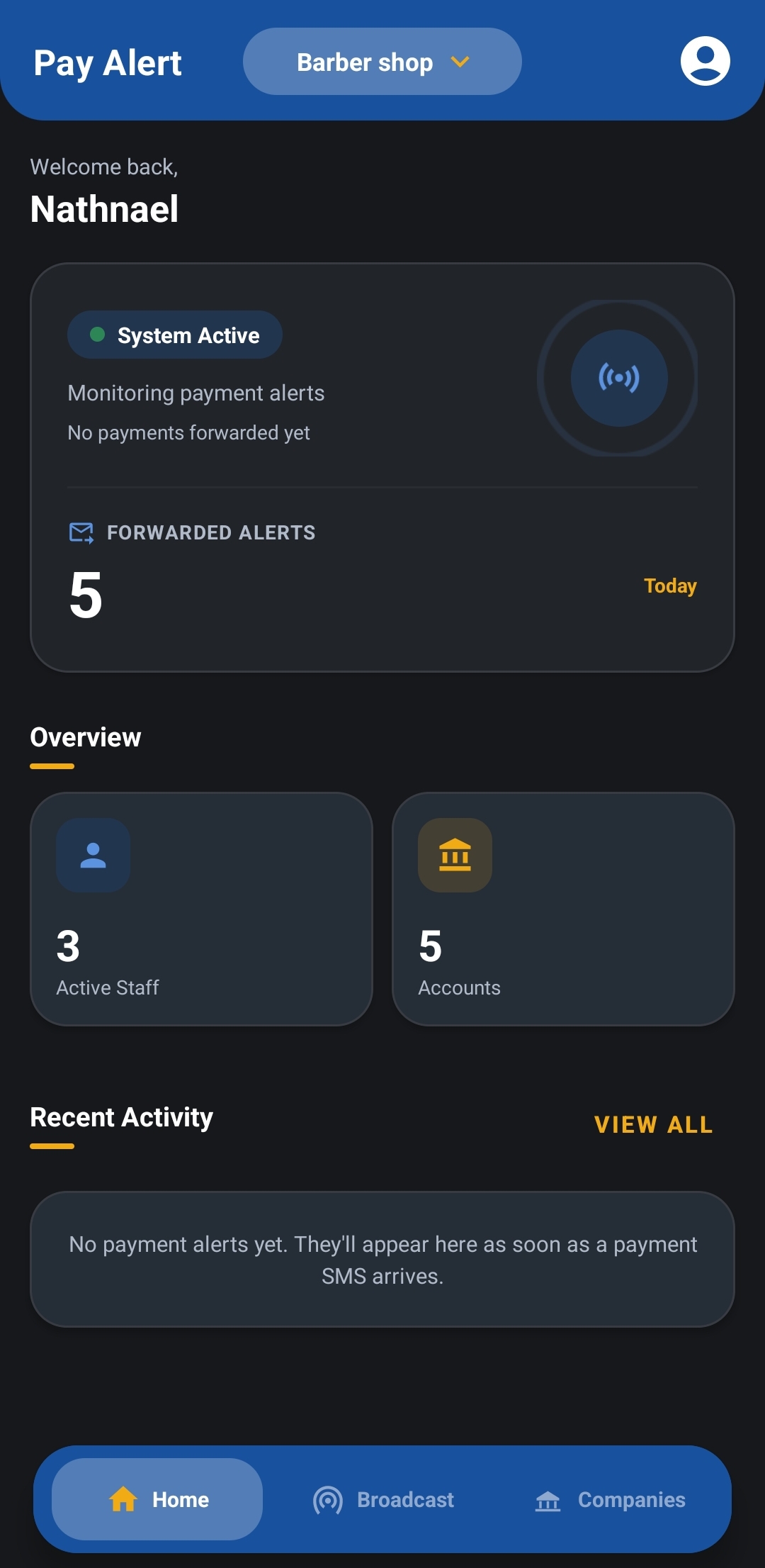 PayAlert mobile app screen